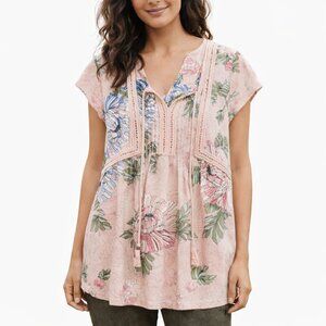 Daniel Rainn Pink Floral Cap Sleeve Tie Front Lightweight Boho Blouse Size XS